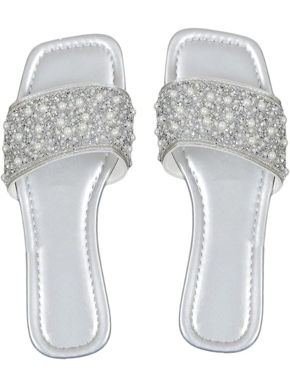 Womens Silver Square Toe Sparkly Rhinestone Jeweled Flat Pearl Boho Summer Shoes